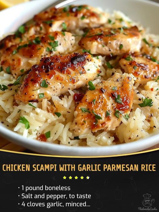 the chicken scampi with garlic parmesan rice is served in a white bowl