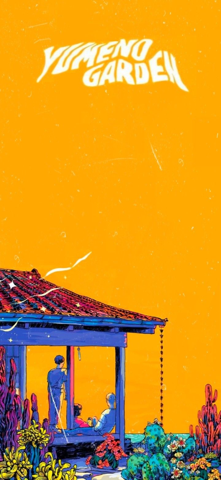 a painting of a man sitting on top of a gazebo in front of an orange sky