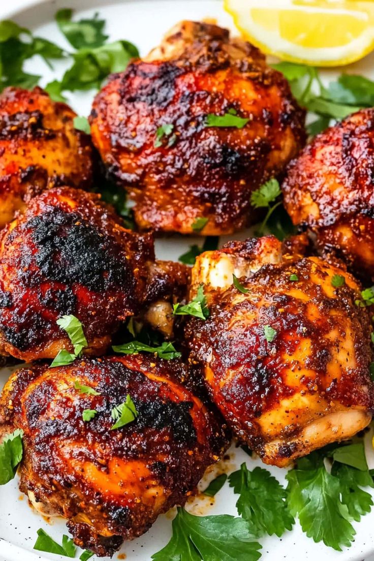 grilled chicken wings with herbs and lemon wedges on a white serving platter