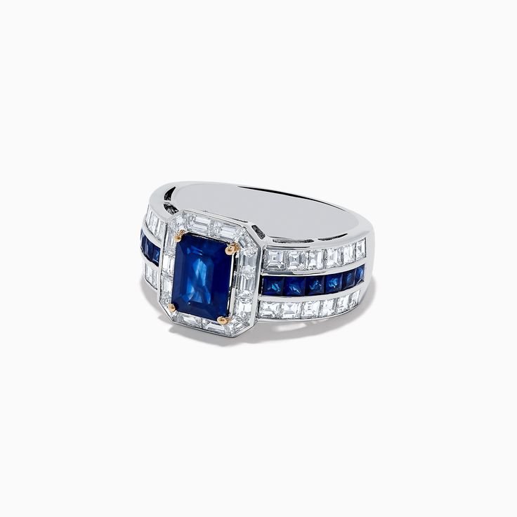 Effy 18K White Gold Blue Sapphire and Diamond Ring Luxury Blue Sapphire Ring With 17 Jewels, Luxury Sapphire Diamond Ring With Polished Finish, Luxury Emerald-cut Sapphire Ring With 17 Jewels, Blue Sapphire Multi-stone Baguette Ring, Blue Sapphire Ring With Multi-stone Baguette Cut, Blue Multi-stone Baguette Cut Sapphire Ring, Luxury Sapphire Platinum Rings, Luxury Blue Rings With Polished Finish, Blue Sapphire Ring With Baguette Cut Center Stone