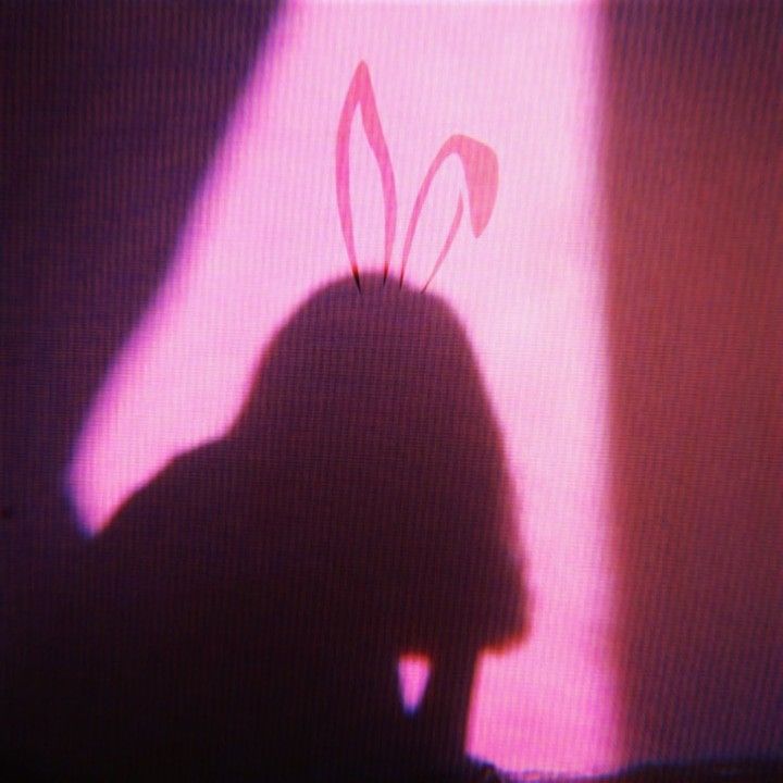 the shadow of a person's head on a television screen with a pink background