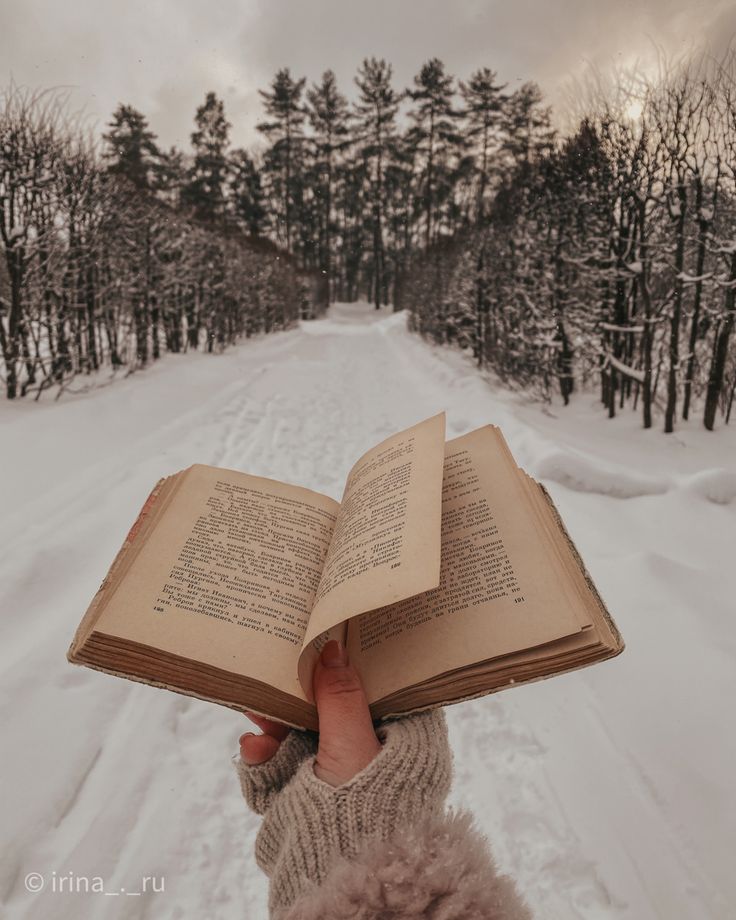 a person holding an open book in their hand on the snow covered road with trees