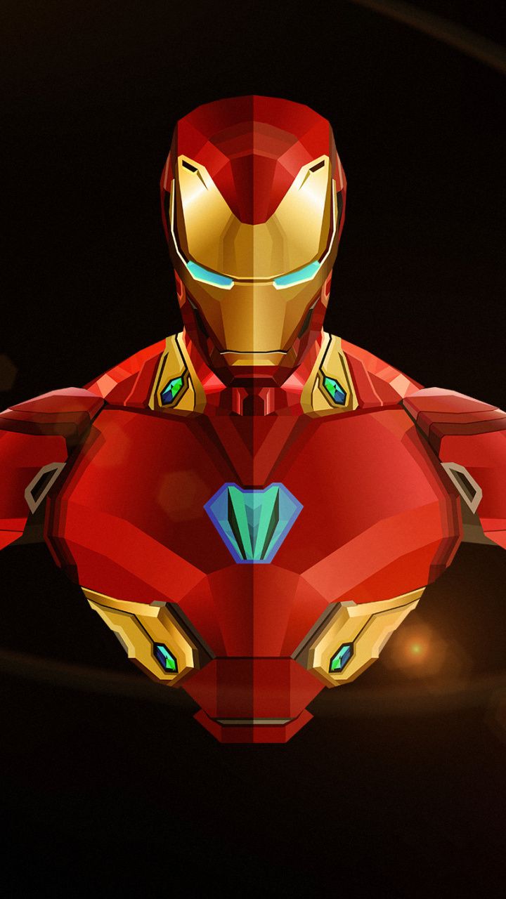 a red iron man suit is shown in the dark with bright blue eyes and gold accents