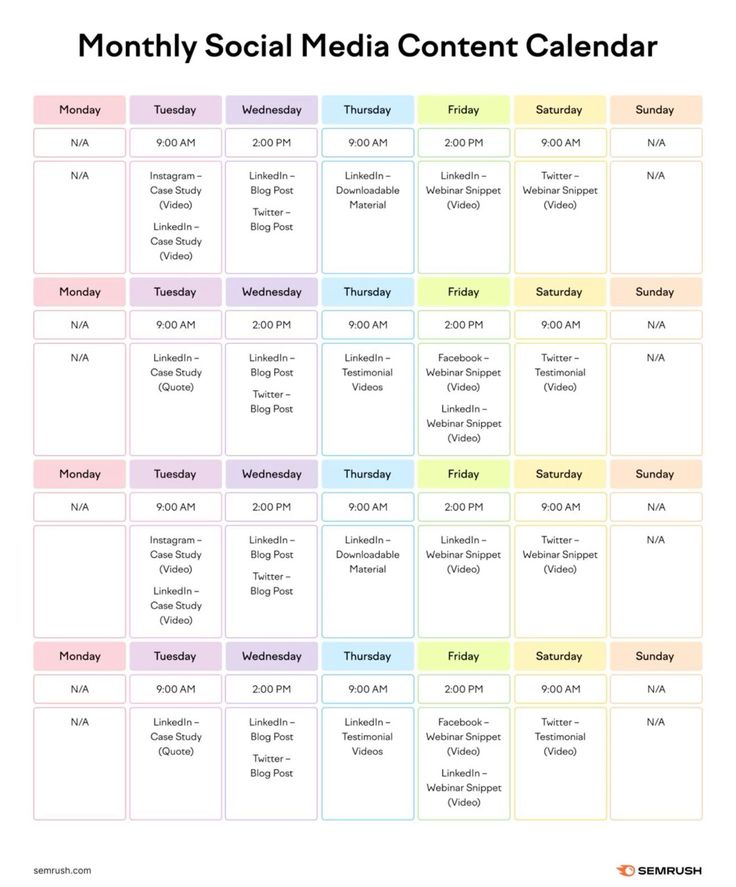 the printable social media content calendar is shown in this image, it has multiple colors and