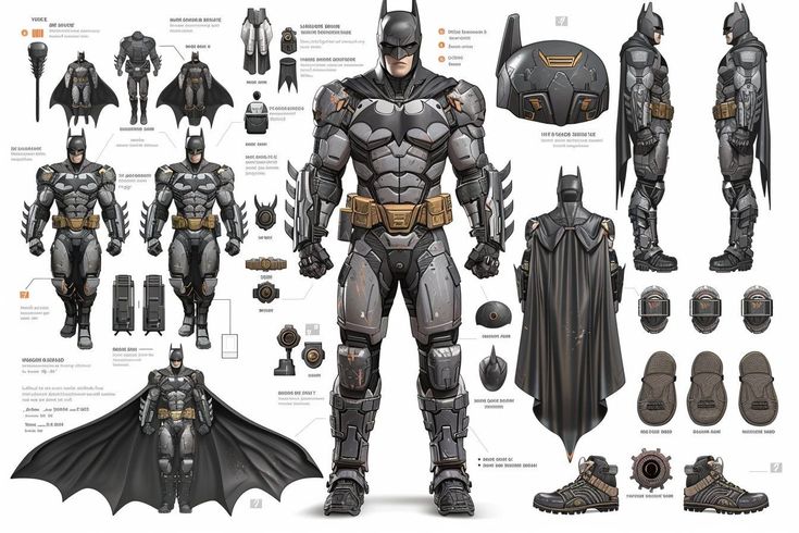 the concept art for batman's dark knight costume is shown in full color and detailed details