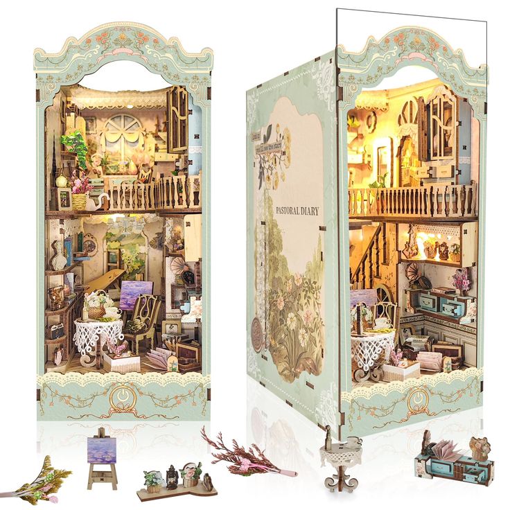 a doll house with furniture and accessories in it's display case, including an open door