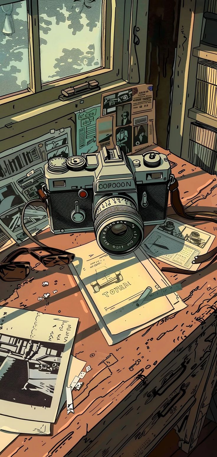 an old fashioned camera sitting on top of a wooden table next to books and papers