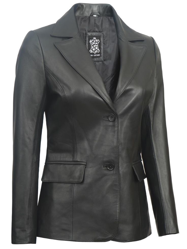 Upgrade your formal wardrobe with the Women's Black Two-Button Leather Blazer, a fusion of sophistication and refined style. Meticulously designed, this blazer features a classic black hue that adds versatility to your ensemble. The two-button design introduces a timeless touch, making it a versatile addition to your wardrobe. Whether you're attending meetings or special occasions, the Black Two-Button Leather Blazer stands as your ultimate choice. Specifications. 100% real lambskin leather. Int Classic Leather Blazer For Semi-formal Occasions, Fitted Leather Blazer With Button Closure, Sleek Semi-formal Leather Blazer, Semi-formal Leather Blazer With Lapel Collar, Semi-formal Leather Blazer With Double Button Closure, Leather Jacket With Hood, Confident Style, Petite Jacket, Motorcycle Leather