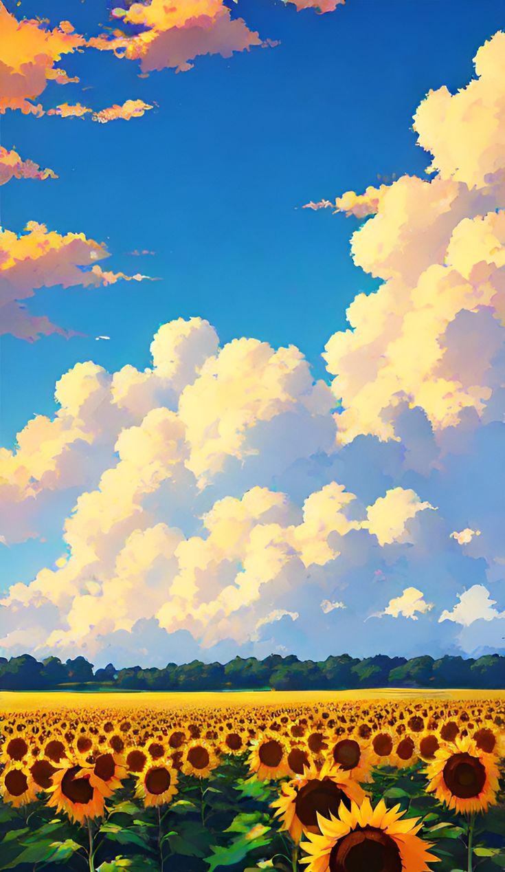 a painting of sunflowers and clouds in the sky