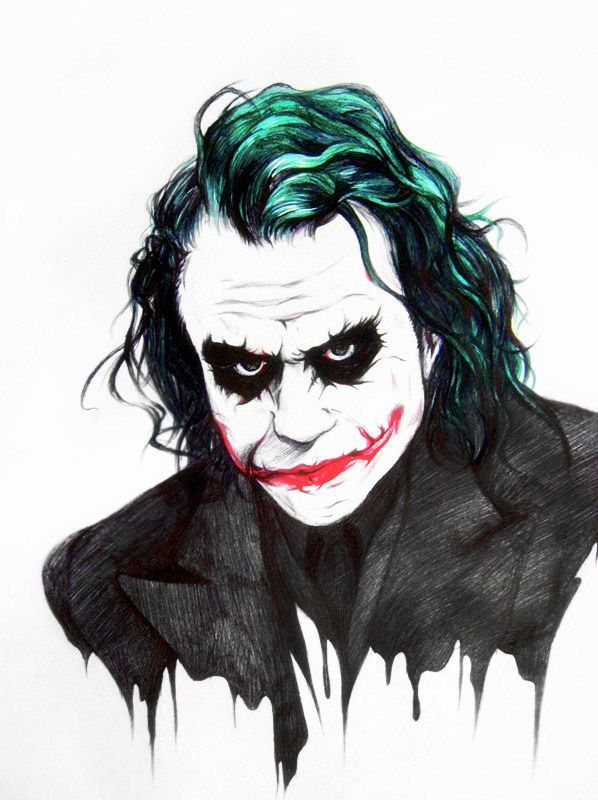 a drawing of the joker with green hair and black suit, on a white background