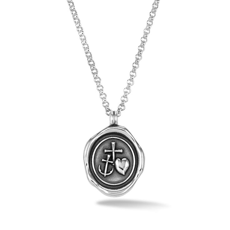 Navigate life’s journey protected and guided by your own collection of amulets and talismans. This sterling silver adjustable Talisman necklace features an oxidised pendant featuring a sculpted cross, anchor and heart representing faith, hope and charity. The words 'Spiro. Spero' are engraved on the reverse - meaning 'While I breathe, I hope'. Pendant size - 20mm. Dower & Hall designs their jewellery to be worn and treasured. Here are a few simple guidelines to keep your jewellery looking its be Amulets And Talismans, Home Magic, Mexican Bag, Talisman Necklace, Mens Jewelry Necklace, Candle Magic, Vermeil Jewelry, Amulets, Engraved Items