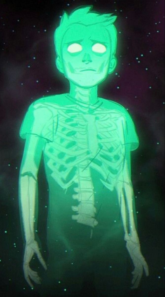 an animated image of a skeleton with glowing eyes and green hair, standing in front of stars