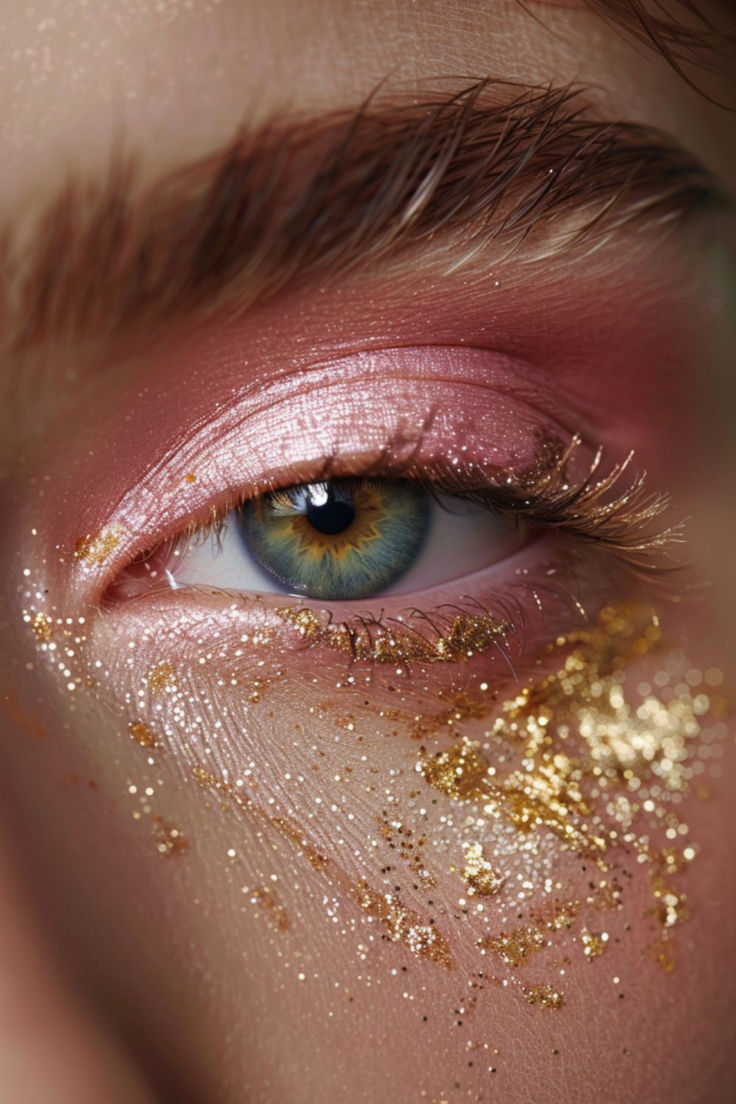 Pink And Gold Leaf Eyeshadow Ideas For Pink Sparkle Eyeshadow Looks, Pink And Gold Makeup Looks, Eyeshadow Looks Prom, Pink Eyeshadow Ideas, Gold And Pink Makeup, Pink Gold Makeup, Pink And Gold Makeup, Pearly Makeup, Pink Wedding Makeup