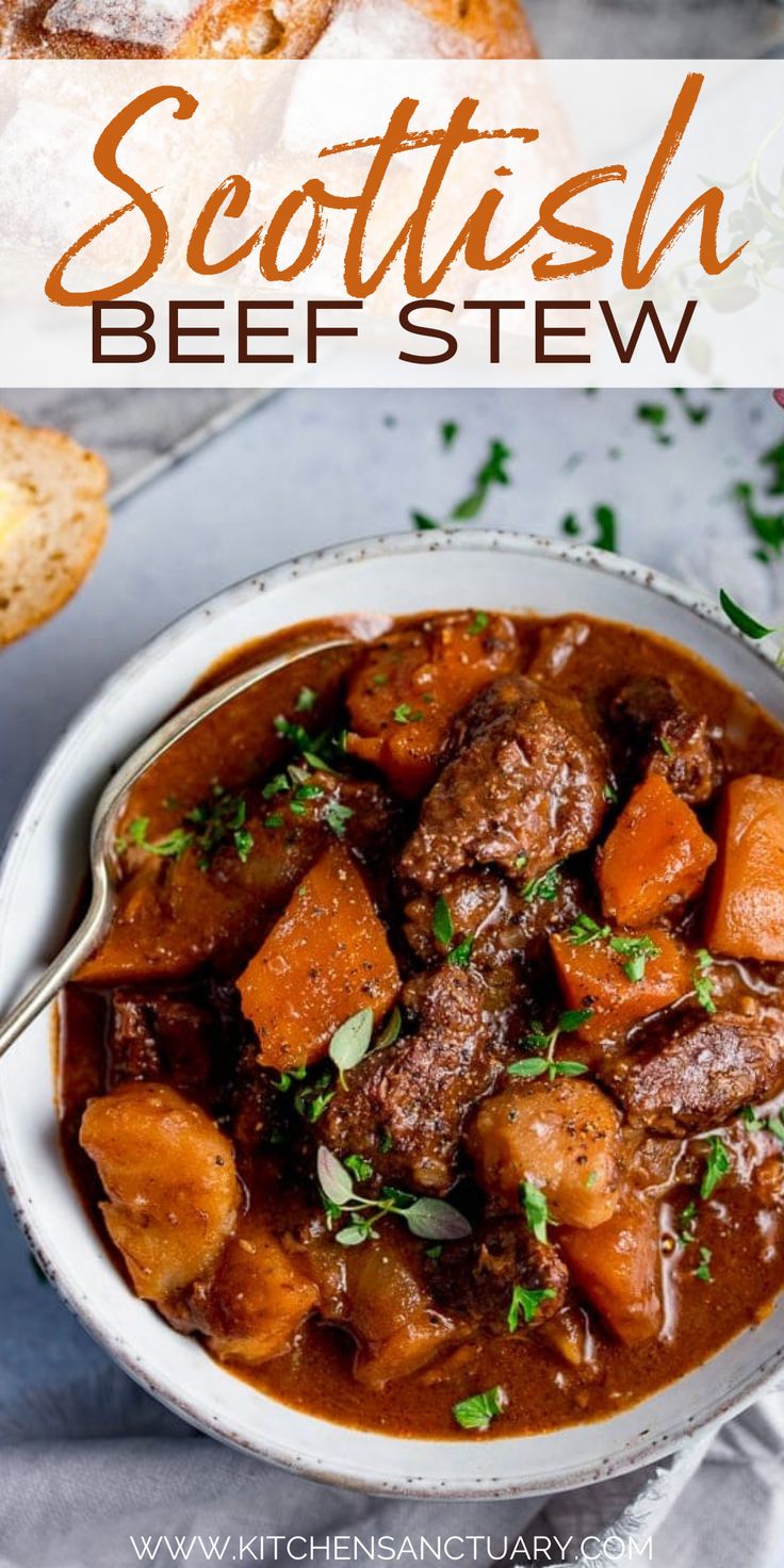 beef stew with carrots and parsley in a white bowl on top of a table