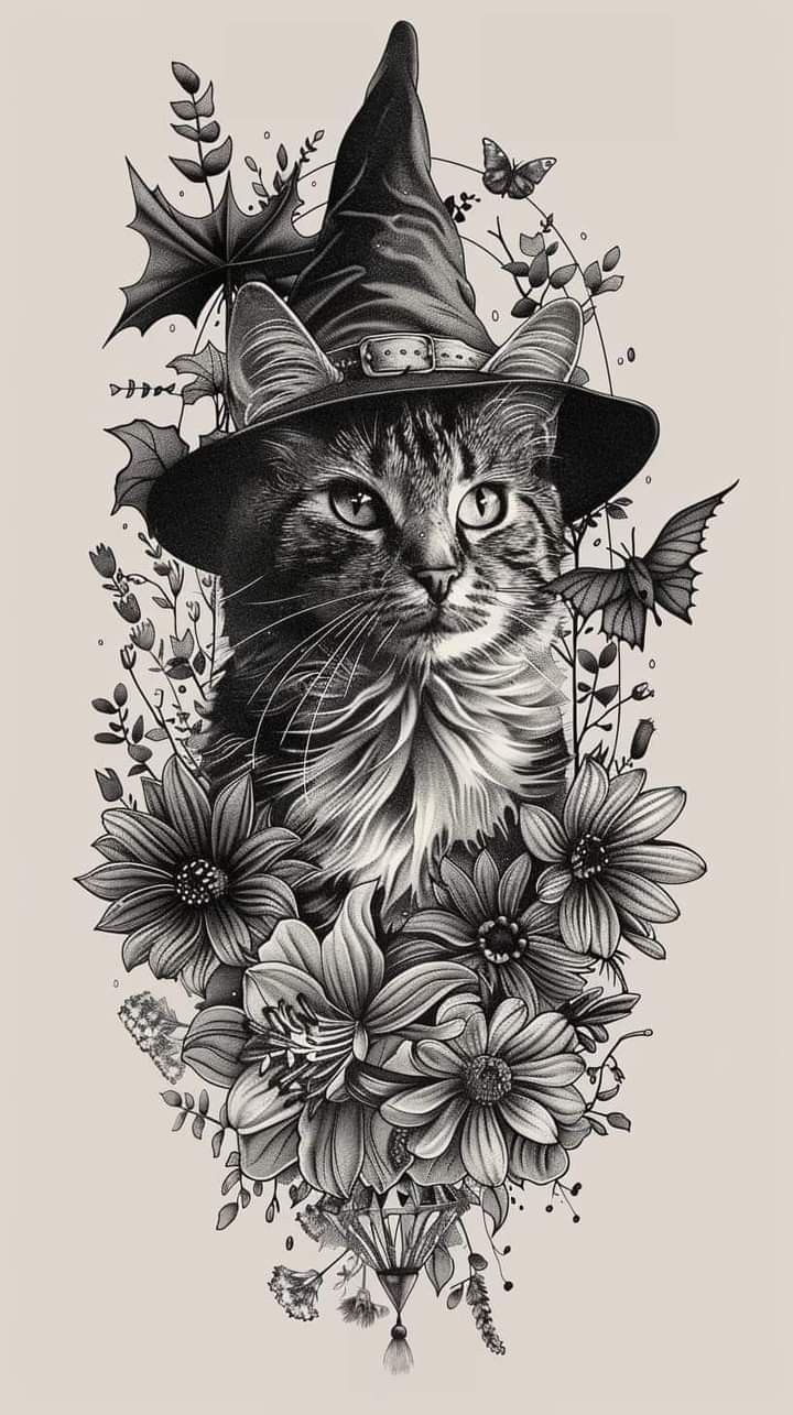 a black and white drawing of a cat wearing a witches hat with flowers around it