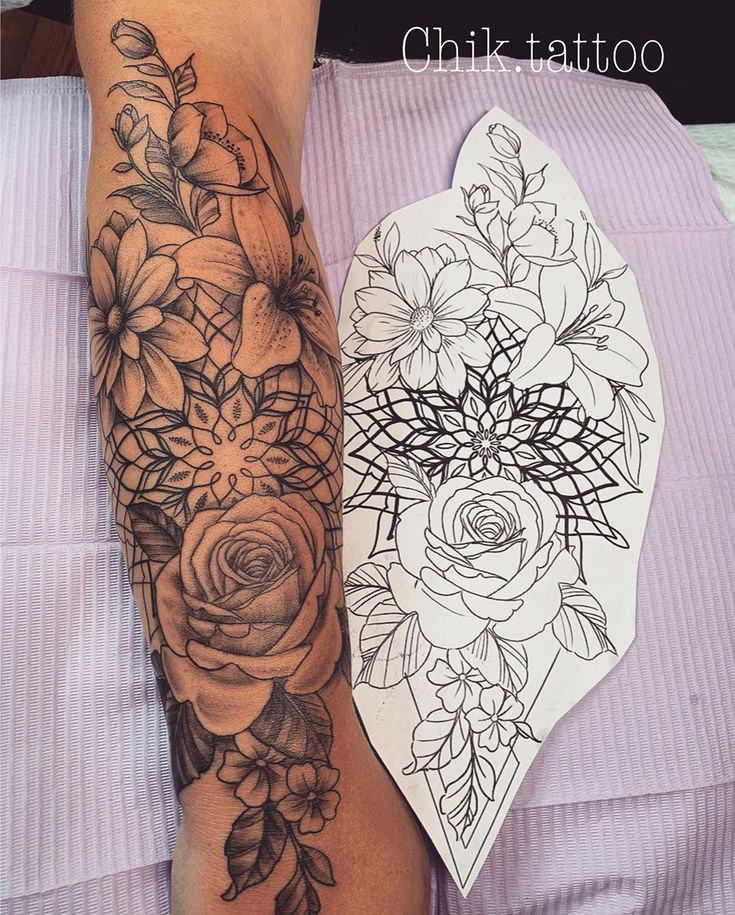 a woman's arm with flowers on it next to a tattoo sticker that says, chtik tattoo