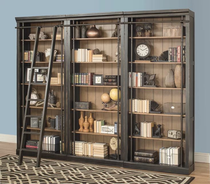 the bookcase is full of books and has ladders to it's sides