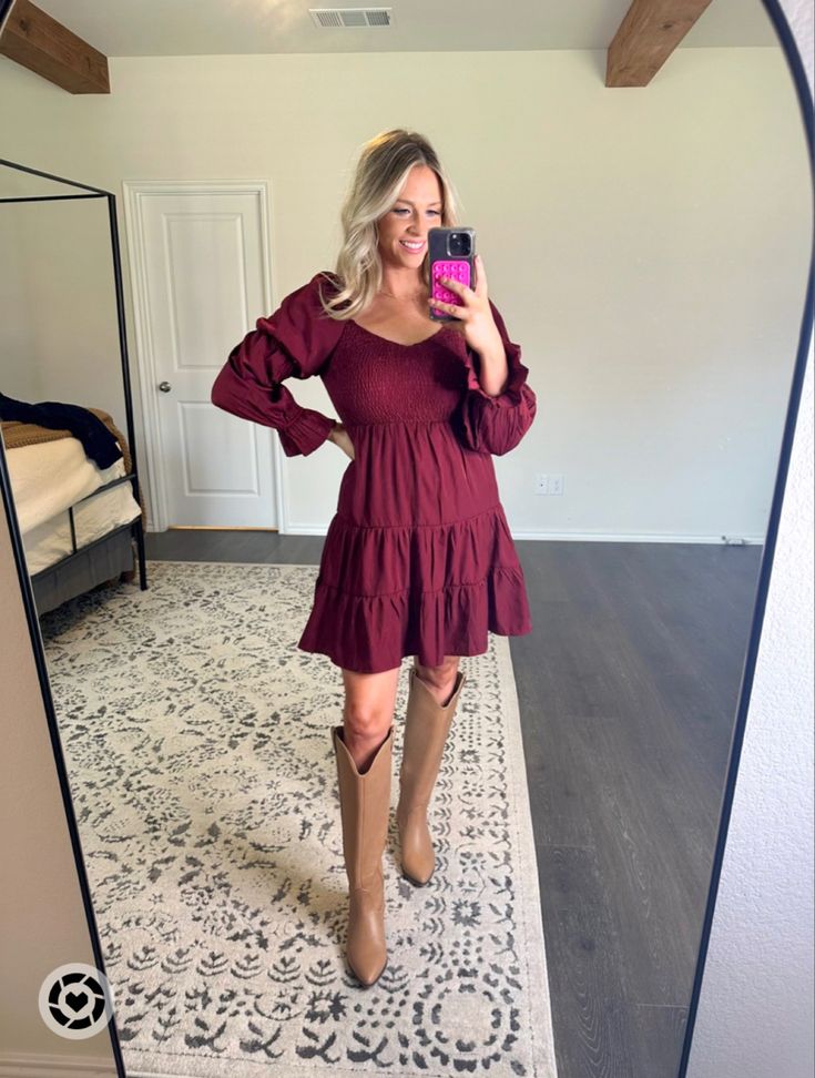 I swear EVERYONE looks good in maroon. This is such a comfy relaxed fit dress! And of course its on Amazon! Boots from @target! Click the pick to shop this look on my Like To Know It! #amazondresses #falldresses #kneehighboots #falloutfits #outfitideas Maroon Dress With Booties Plus, Maroon Boots Outfit Knee High, Maroon Sweater Dress Outfit, Fall Dress With Boots, Maroon Game Day Dress, Amazon Boots, Maron Sweater Dress, Wine Colored Dress, Knee High Boots Dress