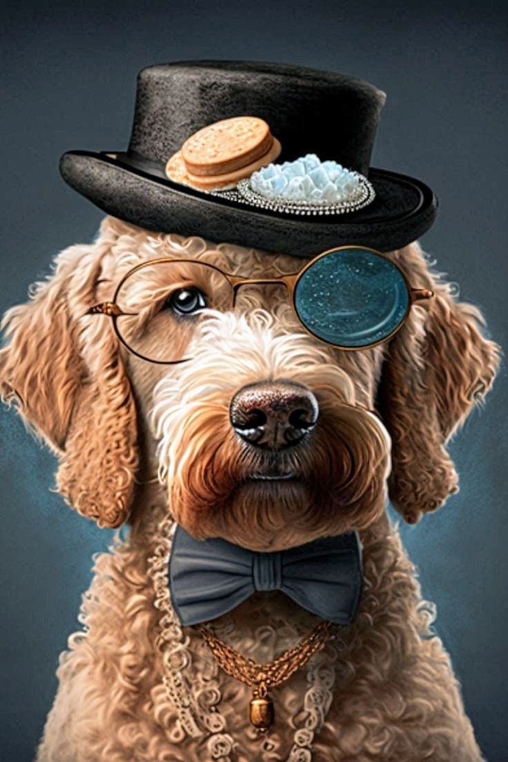 a dog wearing a top hat and glasses with cookies on it's head, in front of a blue background