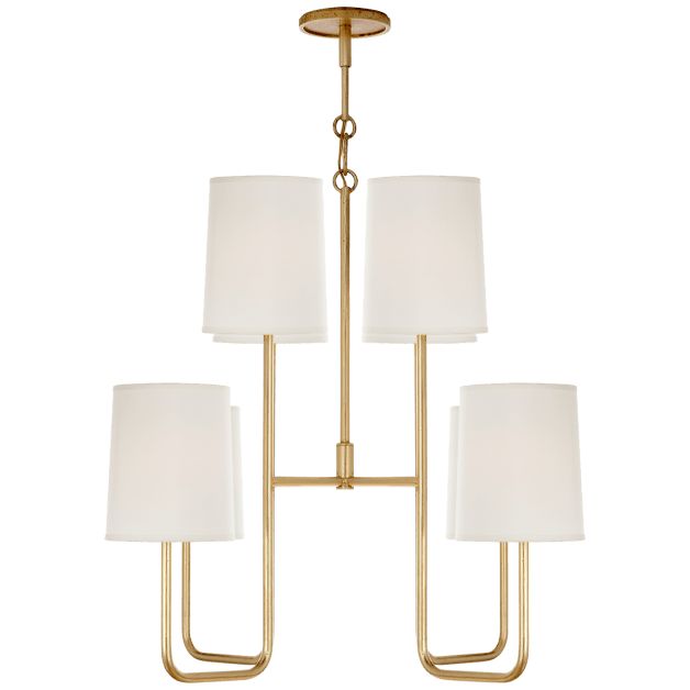 four light brass chandelier with white shades