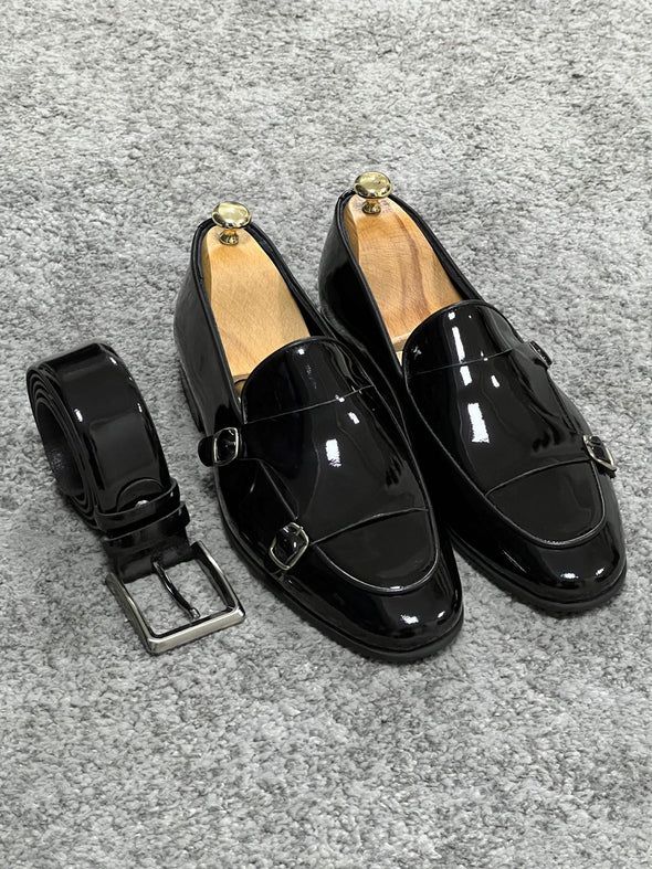 Louis Special Edition Neolite Sole Double Monk Shiney Leather Black Shoes | BOJONI Groom Shoes Wedding, Gents Shoes, Tuxedo Shoes, Black Patent Leather Shoes, Double Monk Strap, Black Suede Loafers, Groom Shoes, Shoes Party, Monk Strap Shoes