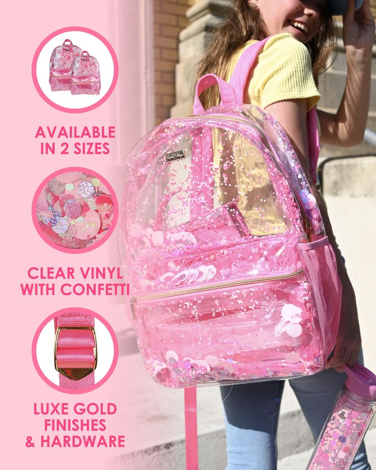 Make school or work a party with our #1 best-selling confetti backpack! Available in two sizes, this heavy-duty clear vinyl backpack features our signature pink confetti and is sure to brighten your day while keeping your items secure. Available in medium and large sizes Clear vinyl backpack with Pink Party confetti Front pocket and 2 exterior water bottle pockets Pink nylon adjustable straps & top handle Luxe gold finishes and hardware (LARGE SIZE) Dimensions: 14"W x 6.5"D x 18"H (MEDIUM SIZE) Trendy Pink Bags For School Events, Trendy Pink Bag For School Events, Pink School Backpack With Clear Strap, Pink Backpack With Clear Strap For Everyday Use, Trendy Clear Backpack For Back To School, Back To School Plastic Backpack, Back To School Backpack With Transparent Straps, Back To School Plastic Standard Backpack, Back To School Standard Plastic Backpack