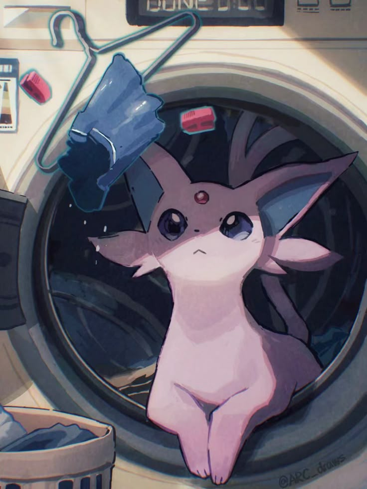 a cartoon character sitting in front of a washing machine