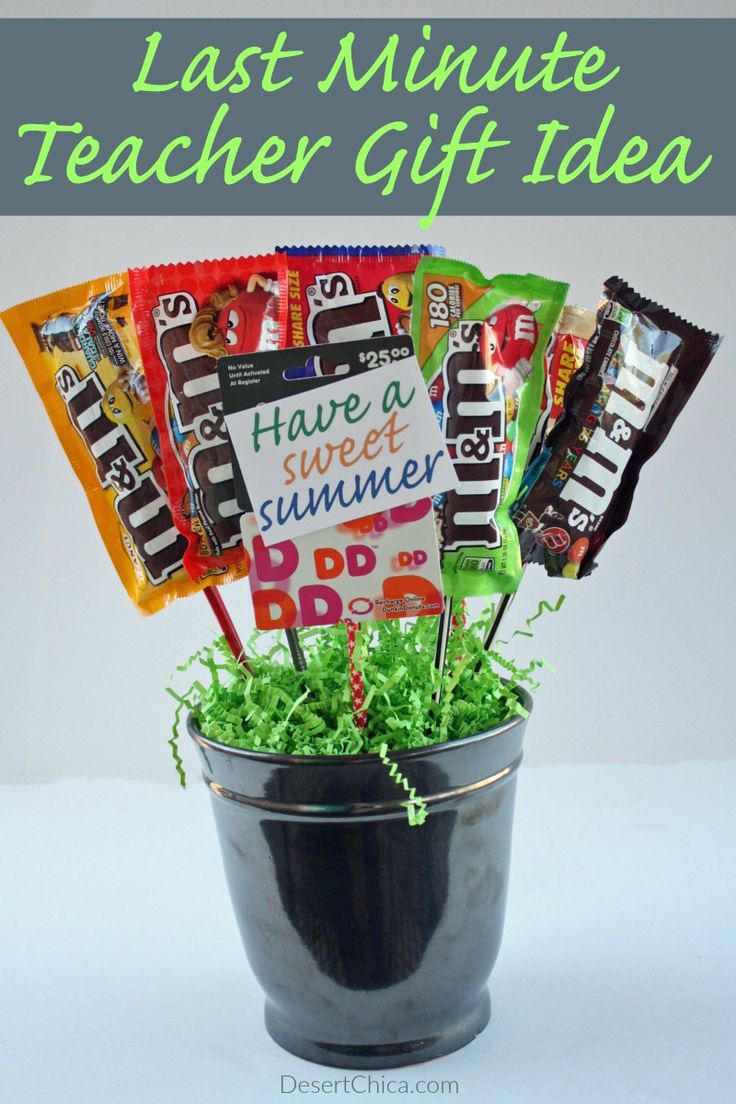 the last minute teacher gift idea in a bucket filled with candy