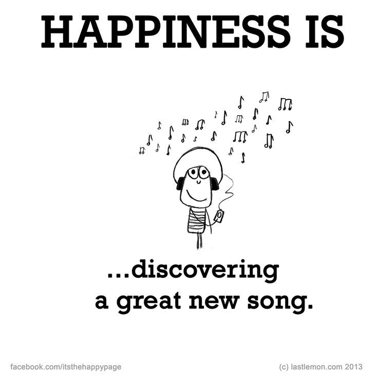 a cartoon character with headphones and the words happiness is discovering a great new song