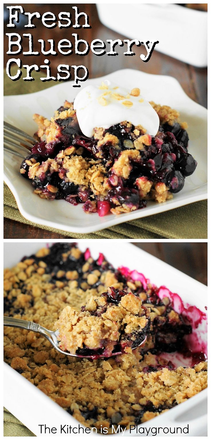 blueberry crumbler on a white plate with a fork and spoon in it