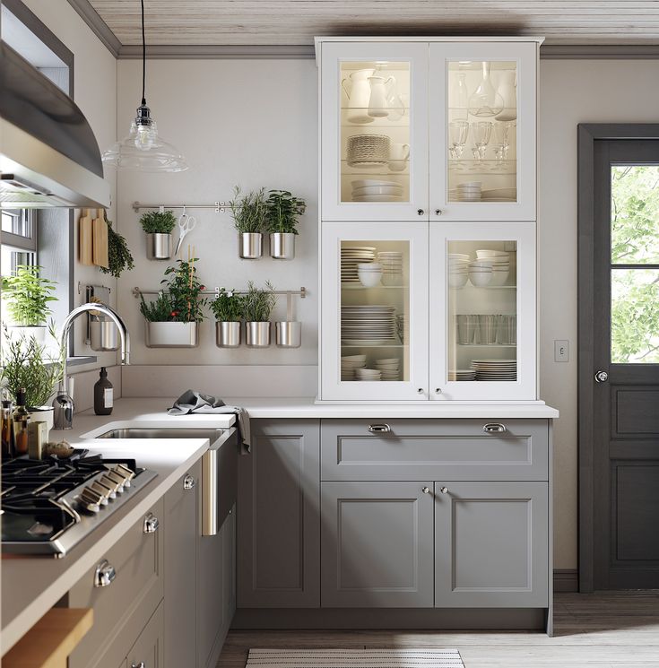 a kitchen with gray cabinets and white counter tops, potted plants on the wall