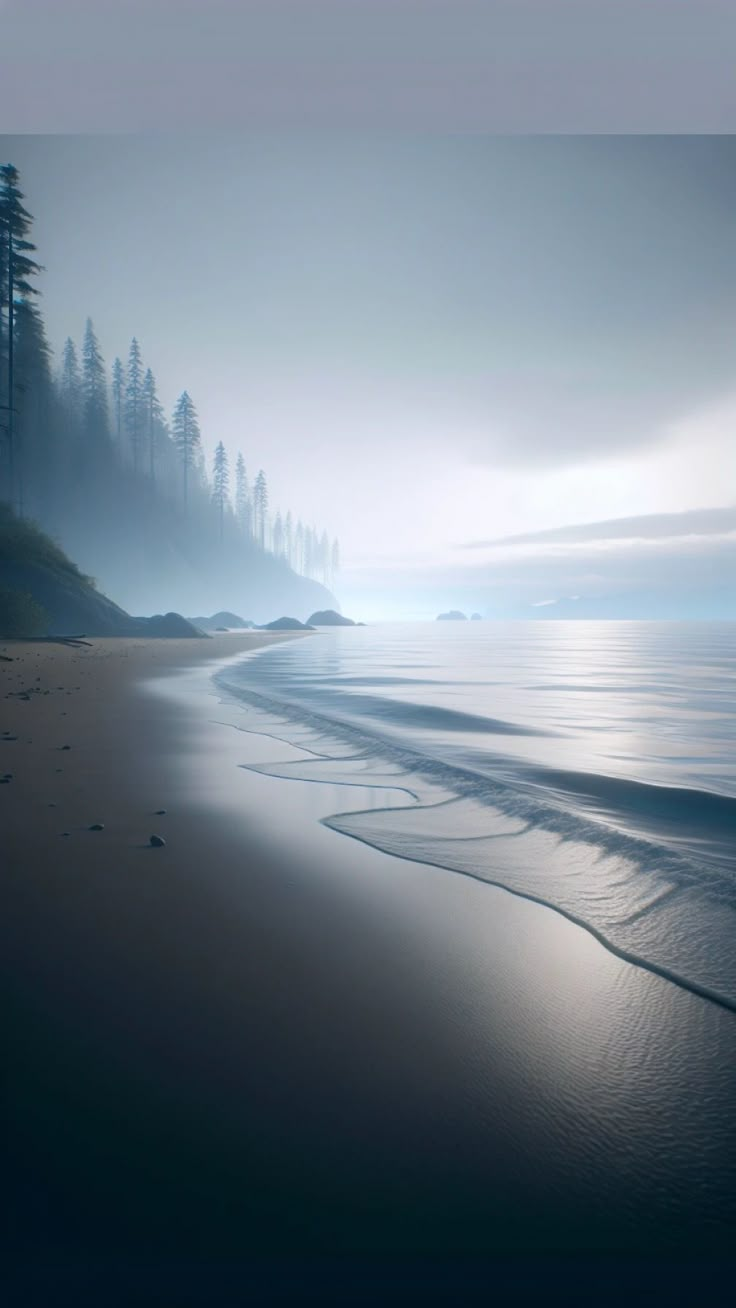 an empty beach on a foggy day with trees in the background