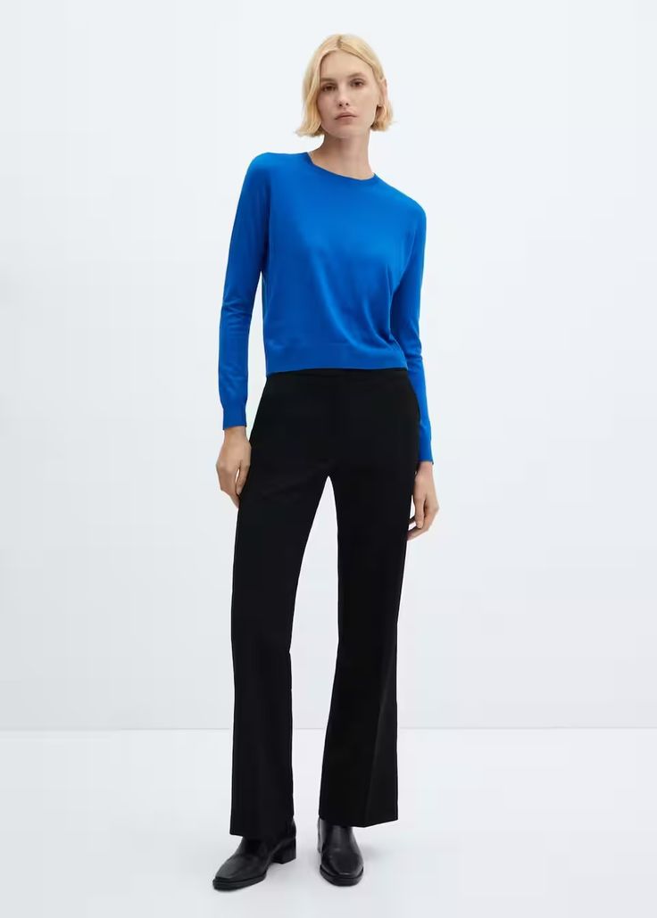 Round-neck knitted sweater - Women | Mango USA Elegant Sweater With Ribbed Crew Neck, Elegant Crew Neck Knit Top For Work, Stretch Knit Sweater For Work, Stretch Workwear Sweater, Elegant Long Sleeve Knit Top With Ribbed Neckline, Elegant Long Sleeve Knit Top With Ribbed Cuffs, Crew Neck Knit Top With Ribbed Cuffs For Work, Workwear Knit Top With Ribbed Cuffs And Crew Neck, Workwear Crew Neck Knit Top With Ribbed Cuffs