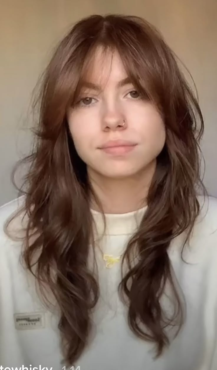 Wispy Bangs Frizzy Hair, 70s Hairstyles Wavy Hair, 70s Layers Hair Long Shag, Slight Fringe Haircuts, Shaggy Layered Haircuts Long Wavy, Wolfcut Hair Long Wavy With Bangs, Ayla Woodruff Hair, Fringe Haircut Wavy Hair, Shaggy Long Bangs