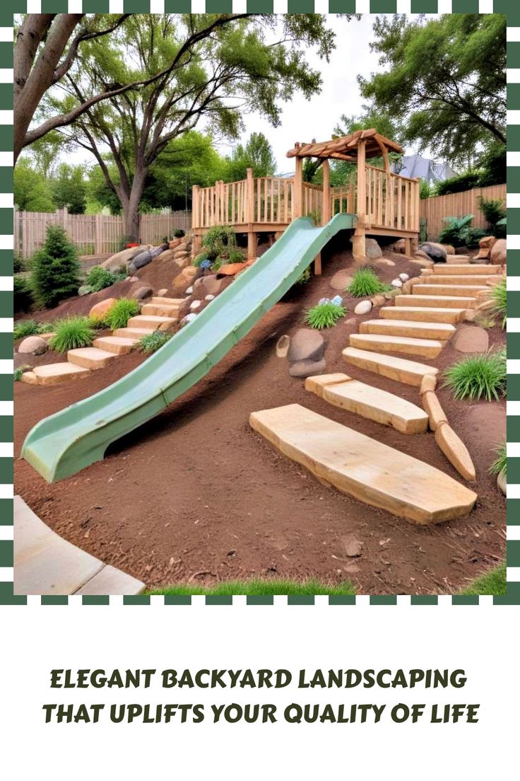 a backyard landscaping brochure with steps leading up to a slide and climbing wall