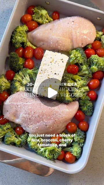 chicken, broccoli and cherry tomatoes in a casserole dish with text overlay