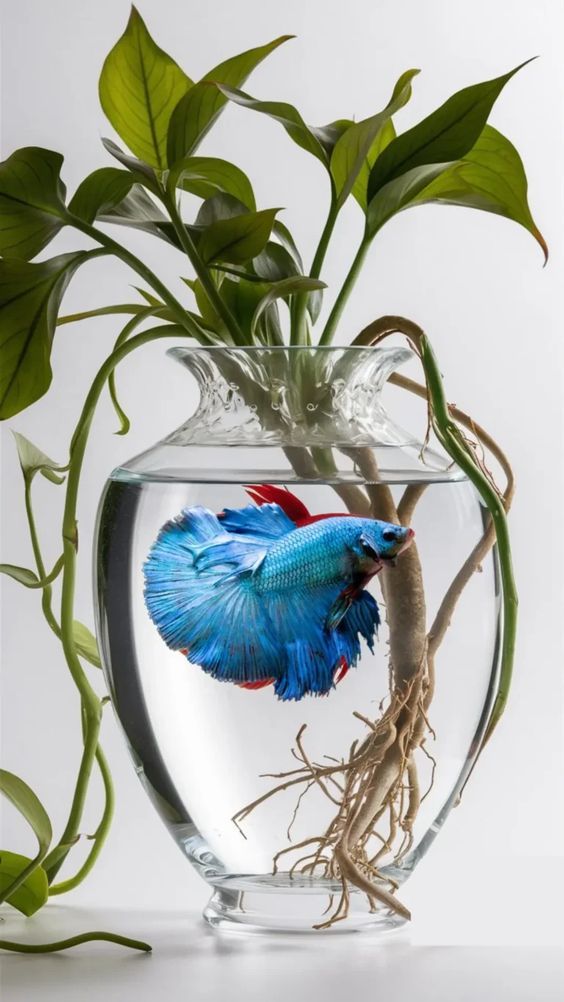 a blue siamese fish in a clear glass bowl with water and plants growing out of it