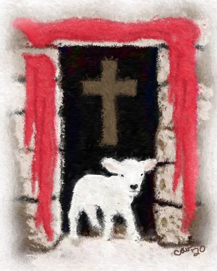 a painting of a lamb and its baby in front of a cross