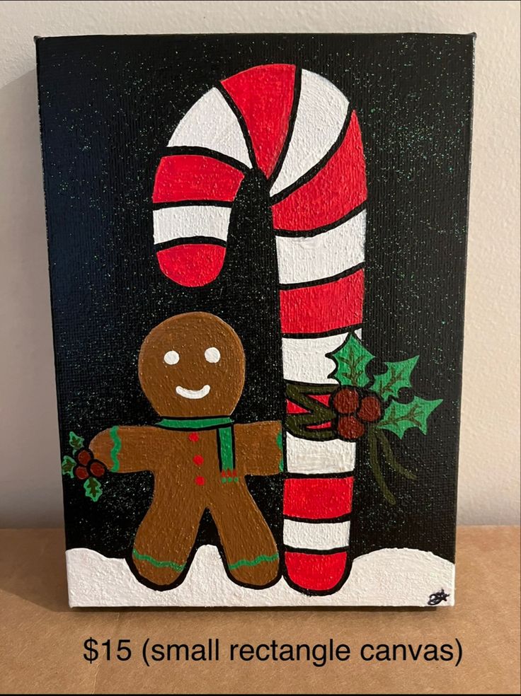 a painting of a gingerbread man holding a candy cane