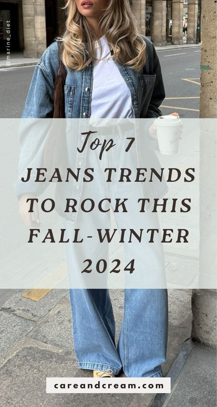 Discover the 7 latest jeans trends for Fall and Winter 2024! From wide leg and straight jeans to leopard jeans, stay ahead in denim fashion. Plus, explore chic and classy jean fall outfit ideas and jean winter outfit ideas. Perfect guide for all fashion-forward women! 2024/2025 fall winter jeans trends for women. All Denim Winter Outfit, Classy Wide Leg Jeans Outfit, Trending Jeans Outfit, Trending Denim Jeans, Styles Of Jeans For Women, Distressed Flare Jeans Outfits, Jean Outfits For Winter, Jeans Fall 2024 Outfit, Denim Casual Outfit For Women