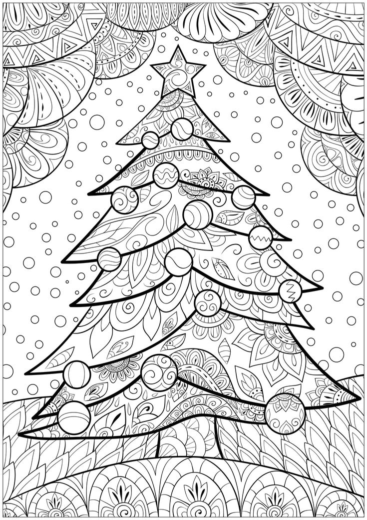 a christmas tree with ornaments and snowflakes in the background coloring page for adults