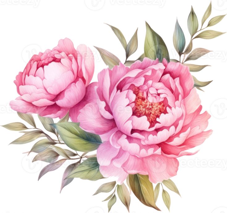 two pink peonies with green leaves on a white background