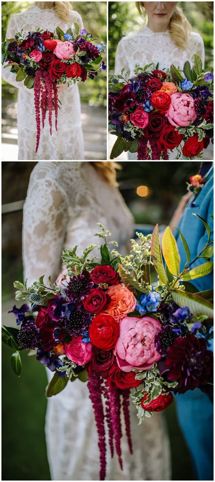 the bride's bouquet is made up of red and purple flowers, greenery, and foliage