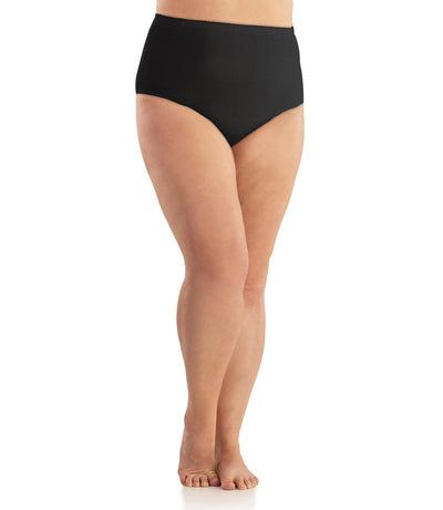 Black Swimwear With Light Support, Solid Supportive Bottoms With Comfort Stretch, Comfort Stretch Supportive Bottoms, Supportive Full Coverage Yoga Bottoms, Black Bottoms With Comfort Stretch And Soft Touch, Black Smoothing Workout Bottoms, Black Briefs With Elastic Waistband, Black Bottoms With Elastic Waistband For Relaxation, Supportive Black Stretch Bottoms