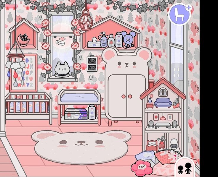 a room filled with lots of pink furniture and walls covered in cartoonish wallpaper