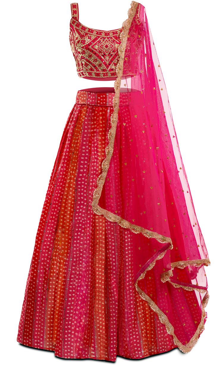 Beautiful 3 piece set, including a based skirt with multi shades of pink and orange, paired with a hot pink sleeveless blouse and a colorful dupatta (shawl). The lehenga set has delicate gold embroidery all throughout. Colorful Dupatta, Shades Of Pink And Orange, Mens Indian Wear, Lehenga Saree Design, Pink Sleeveless Blouse, Western Wear Dresses, Trendy Blouse, Pink Lehenga, Saree Design