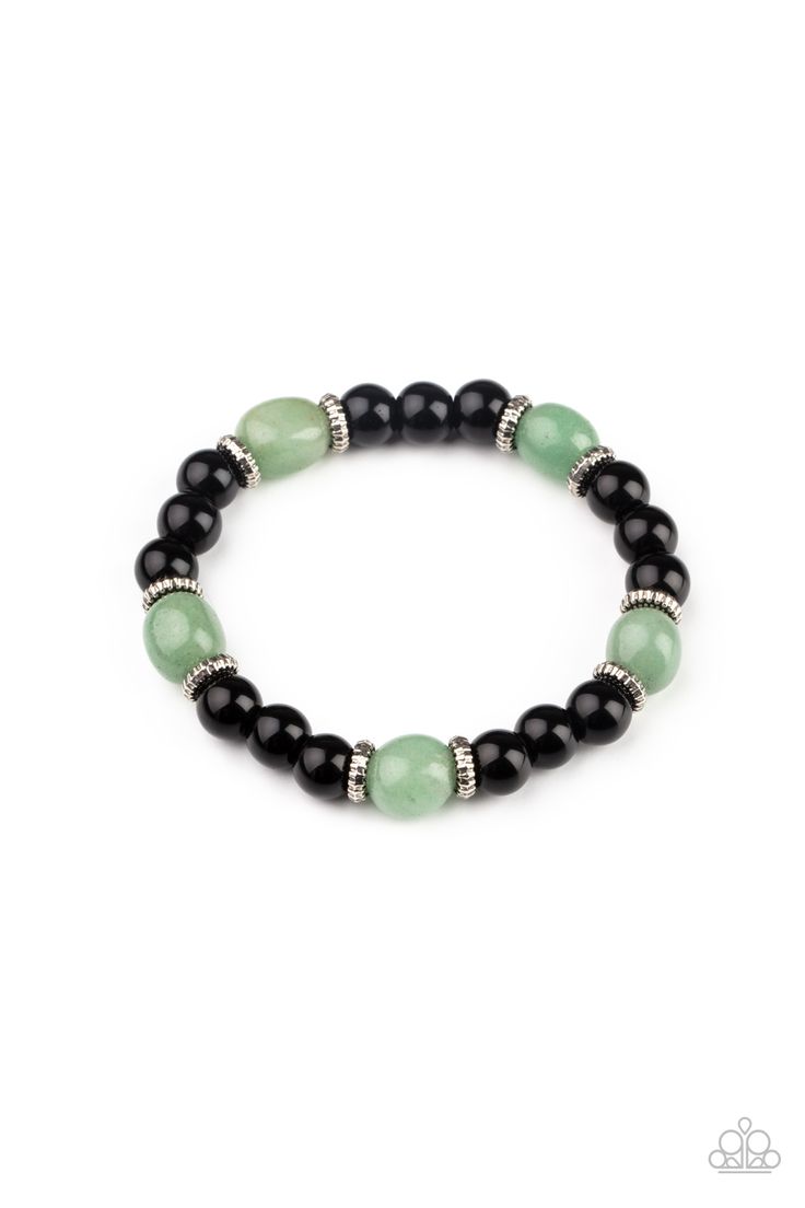 Infused with dainty silver accents, glassy black and green stone beads are threaded along a stretchy band around the wrist for a stackable seasonal look.

Sold as one individual bracelet. Green Bracelet, Cats Eye Stone, Silver Frames, Unisex Bracelets, Paparazzi Accessories, Stretchy Bracelets, Paparazzi Jewelry, Blue Rhinestones, Black Stone