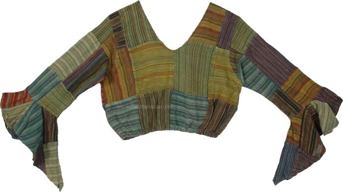 A handmade crop top in bohemian style is the new bohemian fashion for this Spring and Summer.  The elastic band below the bust helps to create a fitted silhouette and keeps the top in place, while the shorter length gives it a more casual and youthful look. #tlb #Sleeveless #vacationclothing #bohemianfashion #Handmade #GypsyCropTop Multicolor V-neck Peasant Top For Festival, Bohemian Multicolor V-neck Crop Top, Casual Green Crop Top For Festival, Fitted V-neck Bohemian Peasant Top, Green Bohemian Peasant Top For Beach, Green Bohemian Peasant Top For The Beach, Spring Hippie Green Crop Top, Bohemian Green Peasant Top For Beach, Multicolor Cotton Cropped Crop Top