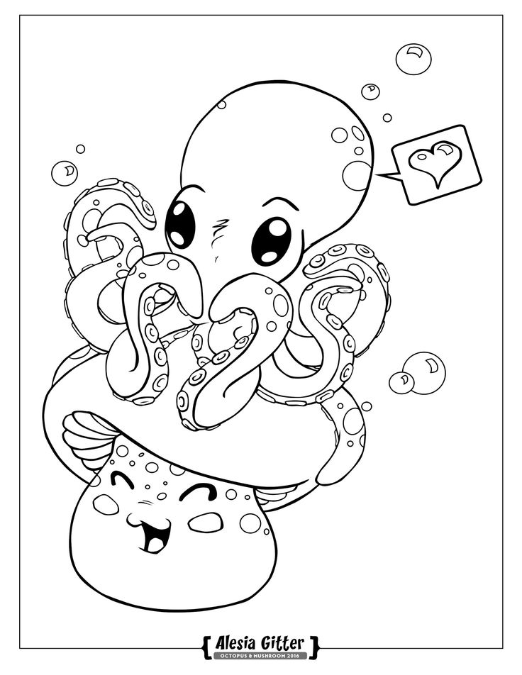 an octopus and squid coloring page with bubbles in the water, one is holding a piece of