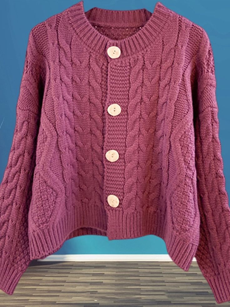 This vintage style style cardigan is perfect for autumn/winter, and ideal for adding a touch of pink to your outfits. Size Chart: Size: One Size Crew Neck Cardigan With Buttons For Fall, Crew Neck Button Cardigan For Fall, Vintage Long-sleeved Knit Cardigan, Vintage Long Sleeve Knit Cardigan, Oversized Pink Crew Neck Cardigan, Cozy Crew Neck Cardigan With Buttons, Trendy Long Sleeve Cable Knit Cardigan, Trendy Pink Soft Knit Sweater Coat, Trendy Pink Cable Knit Outerwear